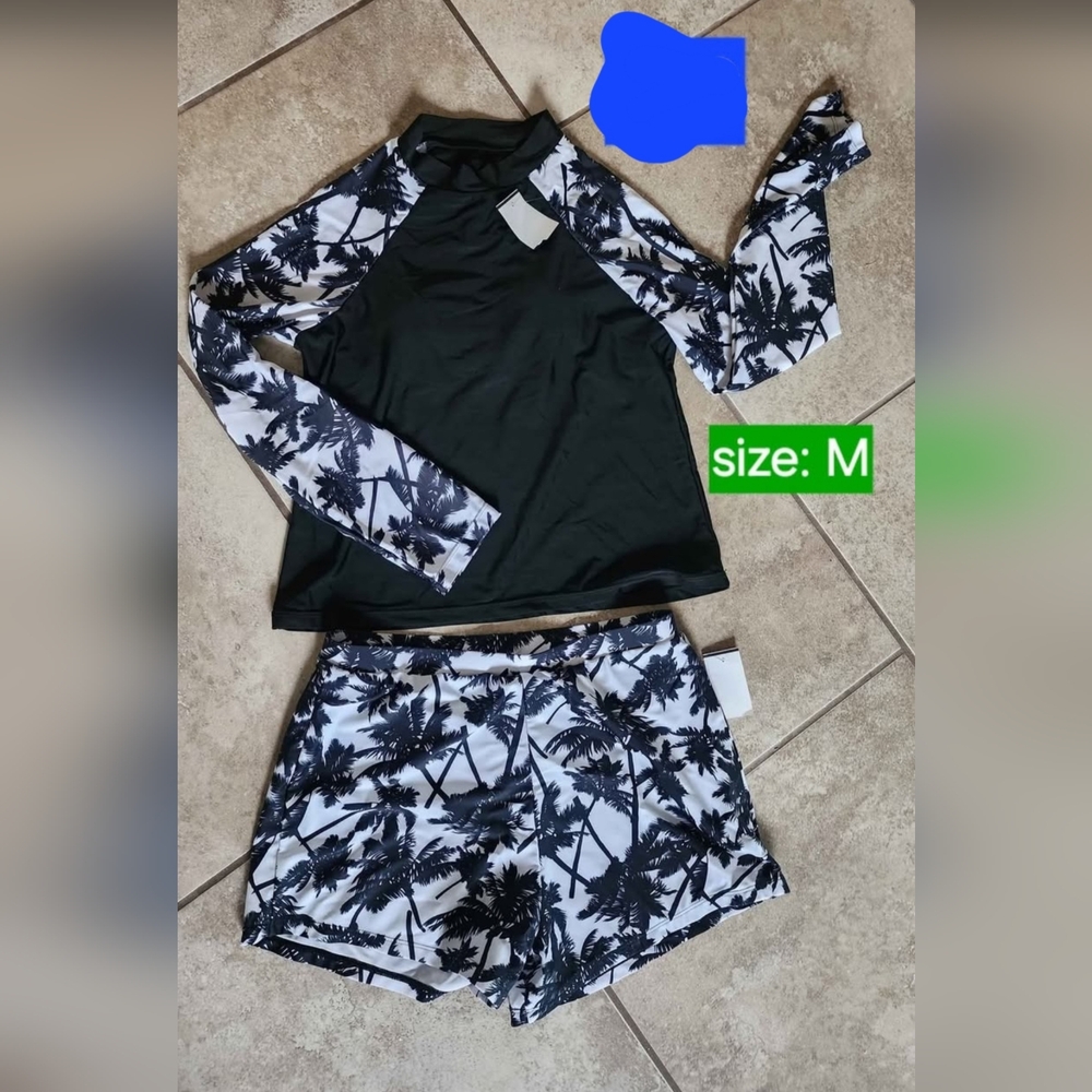 Black and White Palm Tree Rash Guard Set - Picture 2 of 2